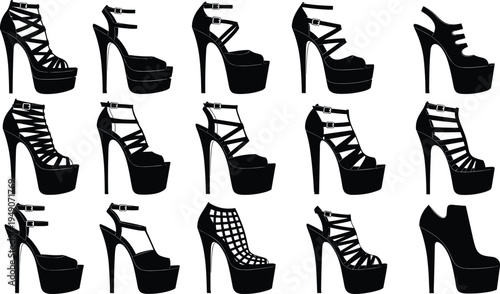 High heel shoes collection silhouette, women fashion stilettos platform heels set, elegant footwear vector illustration icons