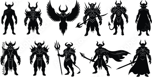Fantasy demon warrior silhouettes set, dark horned monsters with armor weapons wings, evil characters vector illustration collection