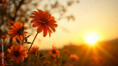 Orange flowers in sunlight with bokeh effect and blurred background