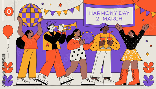 A vibrant illustration depicts diverse people celebrating harmony day on march 21st, featuring joyful poses, musical notes, and floral elements. high-quality professional detailed modern elegant