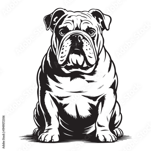 A detailed black and white illustration of a stoic english bulldog stark silhouette