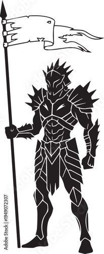 Vector illustration silhouette of armored warrior holding banner, medieval style