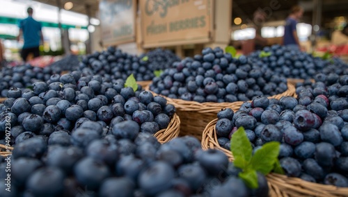 Organic blueberries displayed in baskets at a farmers market. Fresh antioxidant-rich fruit representing healthy nutrition and natural food shopping.