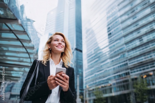 Confident businesswoman using smartphone outside modern glass office buildings in the city.