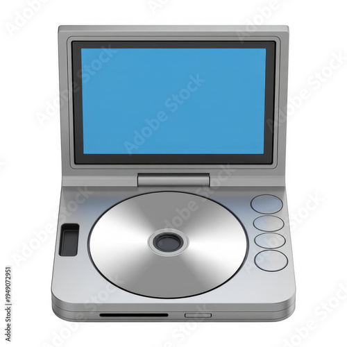 Portable dvd player with blue screen and silver body dvd player isolated on a transparent background
