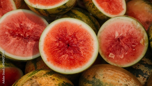 Bright red watermelon halves arranged at a fruit market stall showing juicy texture and refreshing summer fruit.
