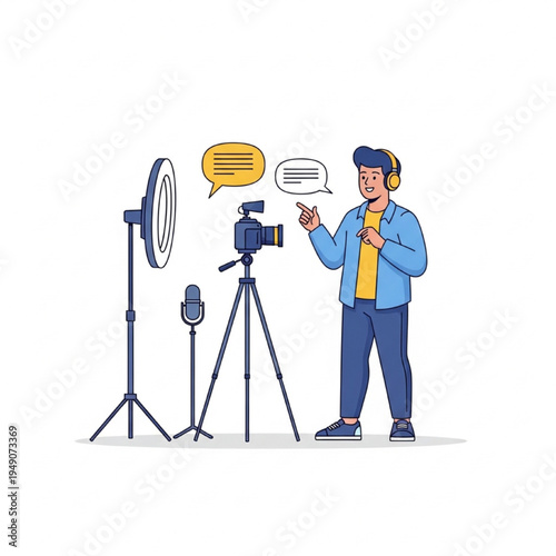 Content Creator Recording Video Camera Tripod Studio Vector Illustration