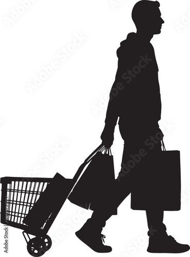 Man Walking with Shopping Cart and Bags Silhouette