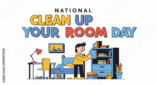 Cluttered room cleaning cartoon illustration in colorful vibrant lighting for National Clean Up Your Room Day