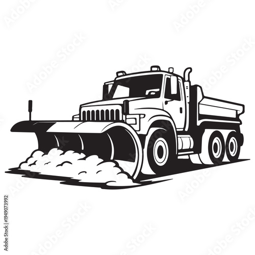 A powerful dump truck with a snow plow is depicted in a striking black and white silhouette