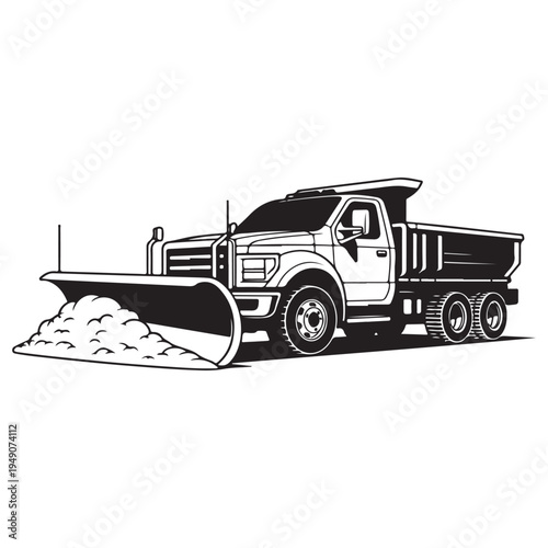 A powerful dump truck with a snow plow is depicted in a striking black and white silhouette