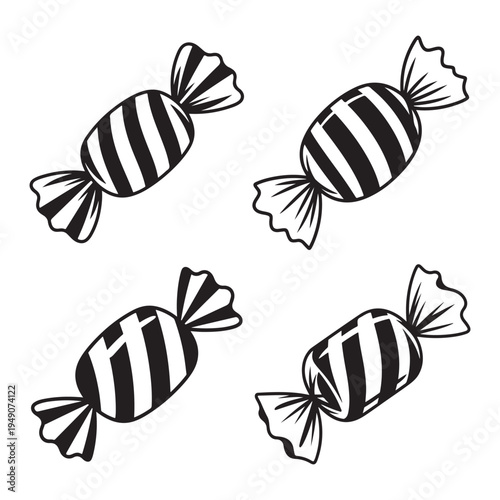 black and white illustration of a wrapped candy with distinctive stripes a striking silhouette