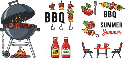 BBQ and Summer Party Set with Grill, Skewers, Sauces, and Outdoor Dining