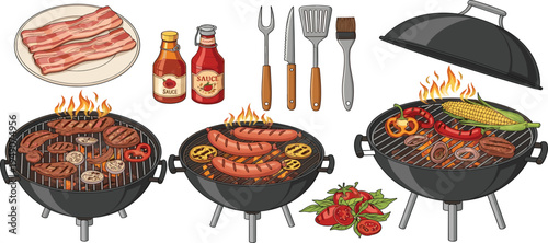 BBQ Grill with Grilled Meat, Sausages, Corn, and Vegetables, Sauces, and Barbecue Tools