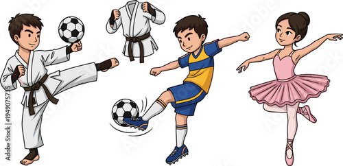 Children Practicing Soccer, Karate, and Ballet, Active Kids Engaged in Sports and Dance, Physical Activities Illustration for Education and Fun
