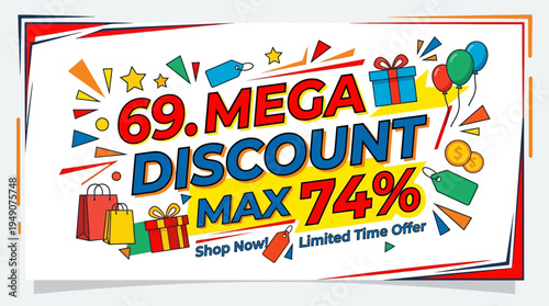 Mega Discount Banner with Gift Boxes and Sale Tags