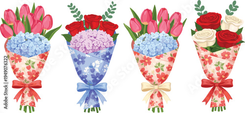 Colorful Floral Bouquets with Tulips, Roses, and Hydrangeas Wrapped in Decorative Paper