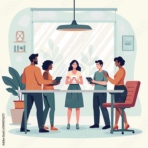 A minimalist illustration depicting feet and office wastebaskets. It evokes a sense of routine and workplace activity, suitable for articles about off