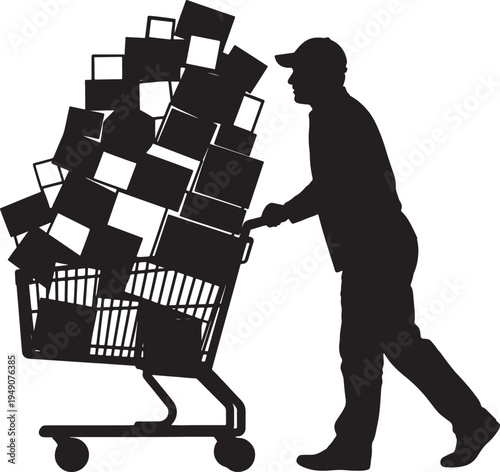 Overloaded Shopping Cart Full of Boxes Pushed by Man, Silhouette Isolated on White