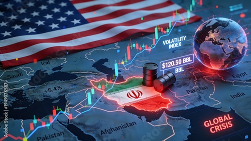 USA Iran Conflict Impact on Global Oil Market with Financial Charts American Flag and Geopolitical Energy Crisis Concept