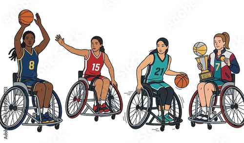 Adaptive Sport Female Wheelchair Basketball Player Vector Set
