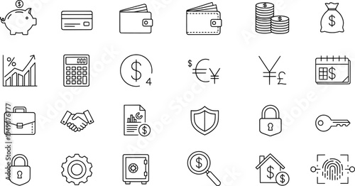 Modern financial and business vector line icons set for banking, security, and economic concepts