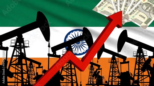 India Oil Price Increase Concept with Pump Jacks Rupee Currency Notes and Upward Arrow on National Flag Background