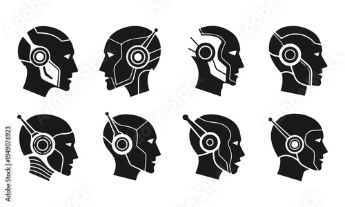 Set of Eight Black Futuristic Robot and Cyborg Head Profile Vector Icons