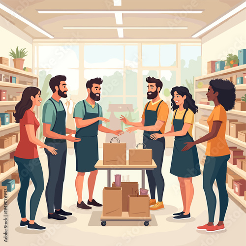 This illustration depicts legs of people browsing in a retail environment, evoking a sense of everyday life and consumerism. Ideal for articles or mar