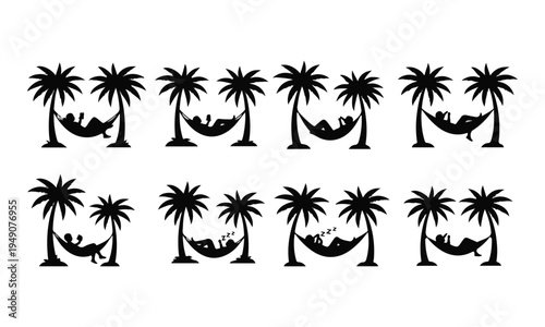 Set of Black Vector Silhouettes: People Relaxing in Hammocks with Palm Trees