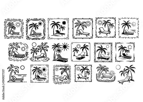  Tropical naive coastal elements like palm trees, waves, sun lounger and sun perfect for summer designs, t-shirts, posters, and placard prints.