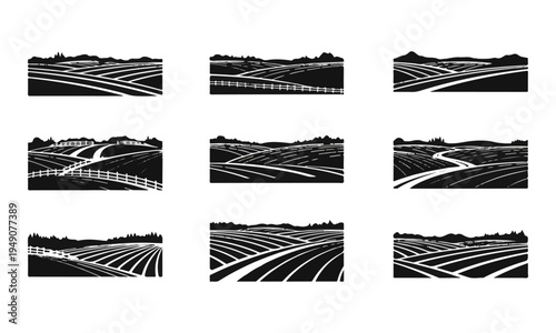 Set of Black and White Vector Illustrations of Agricultural Fields and Rural Landscapes