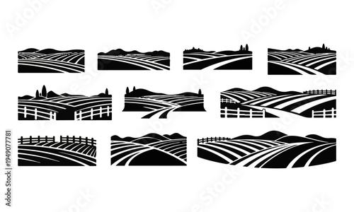 Set of Black and White Stylized Farm Field Landscape Vector Silhouettes