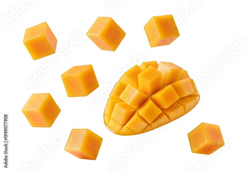 Fresh ripe mango fruit pieces cut into small cubes and a sliced mango half arranged for display isolated on transparent background