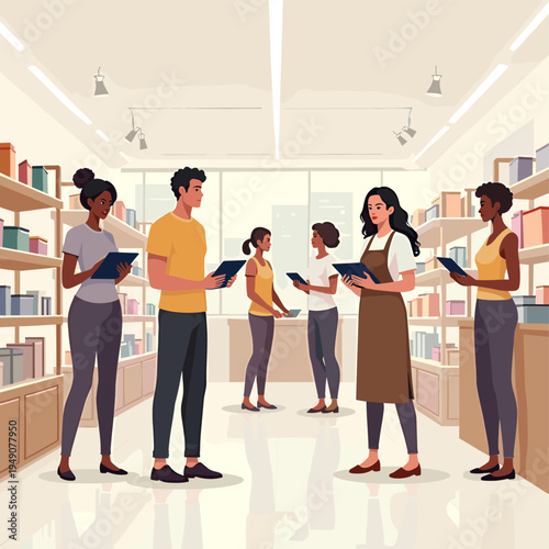 A minimalistic illustration depicting a woman standing at a reception desk. The image conveys a sense of professionalism, making it ideal for business