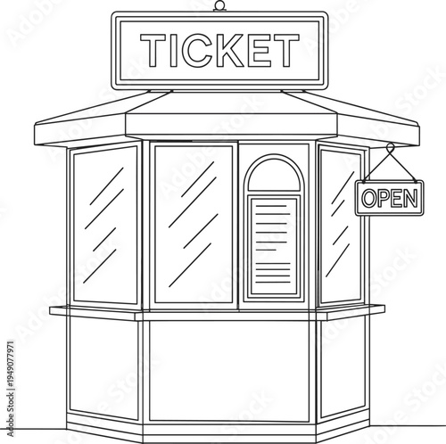 Black and white line of a ticket booth with open sign line black and white window 2 d