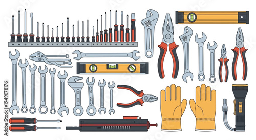 Comprehensive collection of hand tools organized on white background