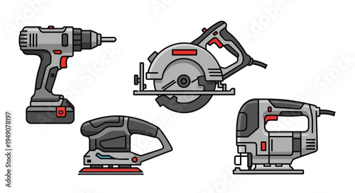 Cordless drill, circular saw, sander, and jigsaw tools set