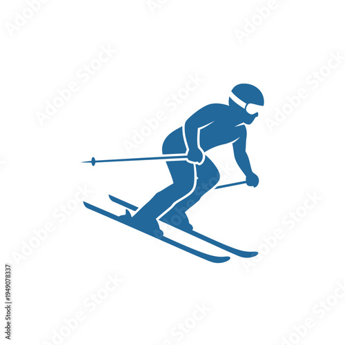 Blue silhouette icon of skier skiing downhill on snow.