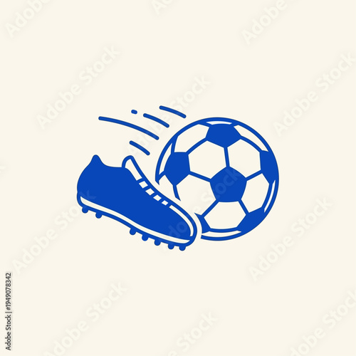 Blue soccer cleat kicking football with dynamic motion lines icon