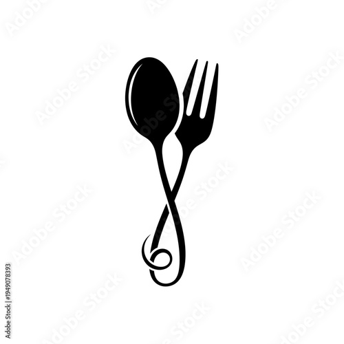 Black minimalist spoon and fork crossed with elegant handles