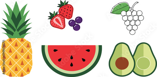 Fresh Fruit Set with Pineapple, Strawberry, Watermelon, Grape, and Avocado for Healthy Lifestyle and Nutrition Illustrations