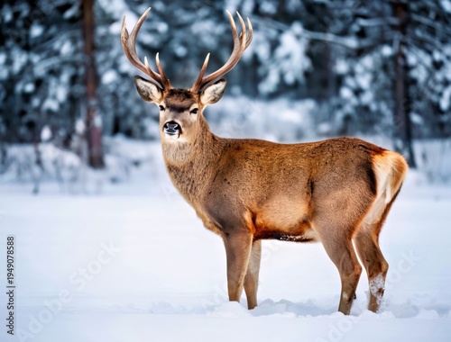 Wallpaper Mural Majestic Red Deer Stag Standing Alert in a Serene, Snow-Covered Torontodigital.ca