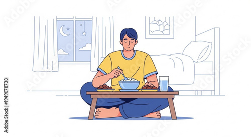 Man eating a meal at a low table in a bedroom with a window showing the night sky