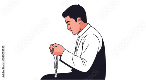 Devout man deeply engaged in spiritual practice, kneeling respectfully and contemplating with traditional prayer beads in a moment of tranquil reflection