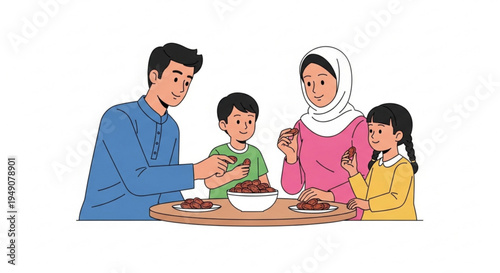 A Muslim family enjoying a meal together, sharing dates during a religious observance, promoting family bonding and cultural traditions
