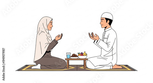 Muslim couple kneeling on prayer mats, offering heartfelt dua and preparing for Iftar, symbolizing spiritual devotion and togetherness during Ramadan