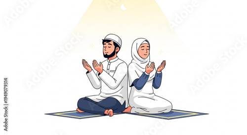 A Muslim couple praying together, seeking spiritual connection and peace during their devotion