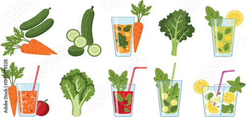 Healthy Drinks and Fresh Vegetables with Carrots, Cucumbers, and Kale – Natural Juices and Smoothies
