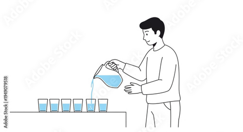 A person carefully pours water from a pitcher into multiple glasses, symbolizing the methodical process of distribution, division, and precise measurement